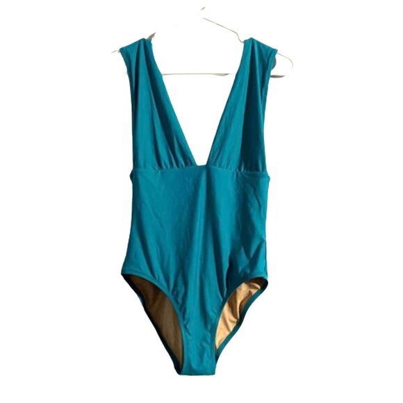 J. Crew Plunge V-Neck One Piece Swimsuit Solid Teal Blue Green Classic Size 8 - Picture 1 of 6